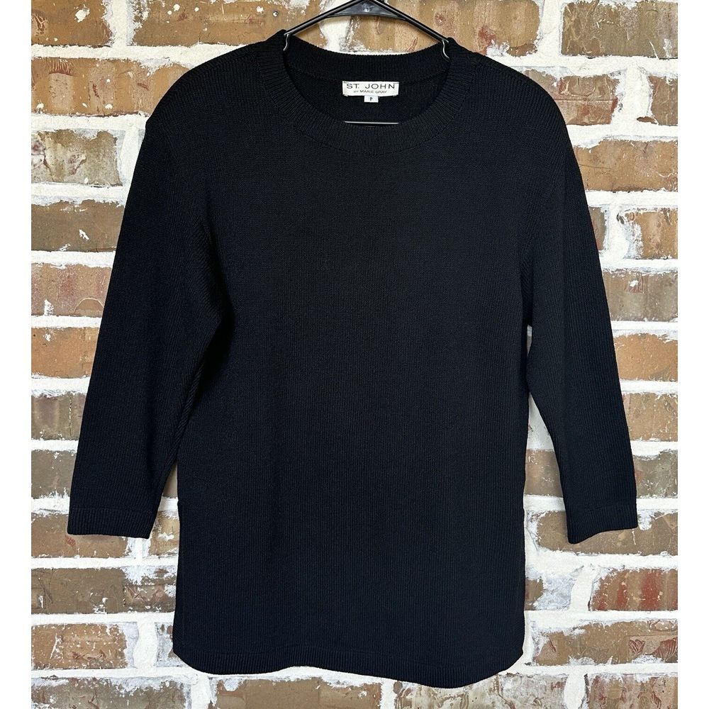 VTG St John By Marie Gray Knit Sweater Size MP 38 Inch Black Wool Blend Warm USA